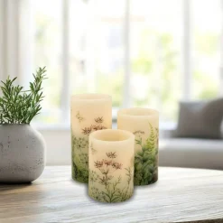 Battery-Operated Wax Candles with Floral Design - Set of 3