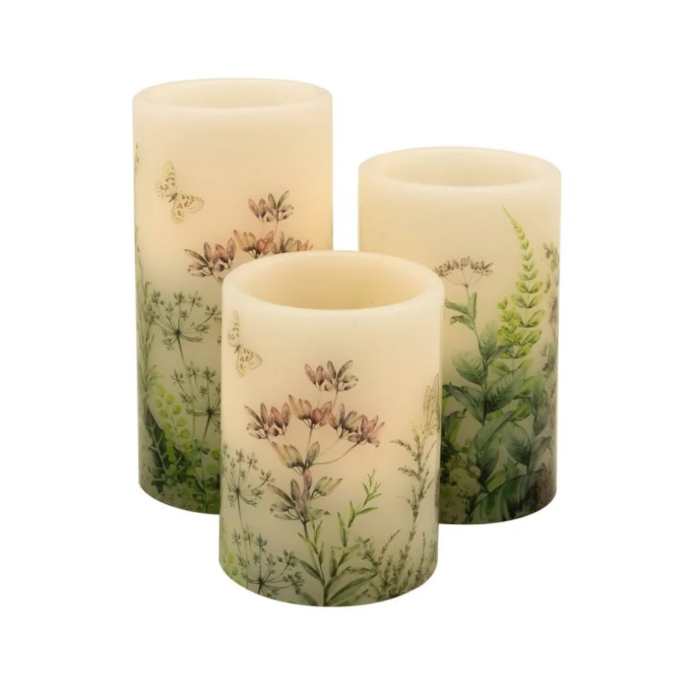 Battery-Operated Wax Candles with Floral Design - Set of 3