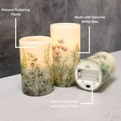 Battery-Operated Wax Candles with Floral Design - Set of 3