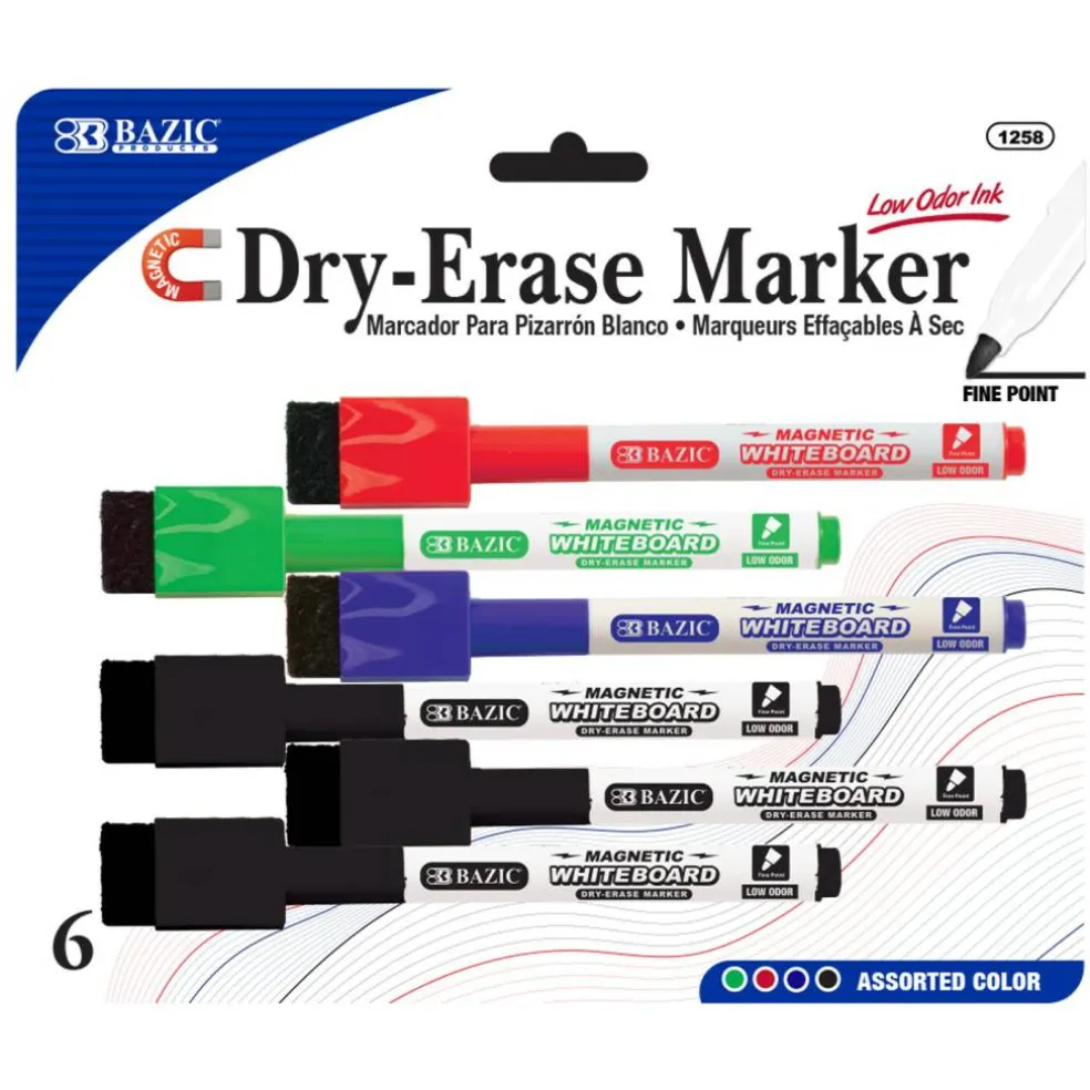 BAZIC Assorted Magnetic Dry Erase Markers, Fine Tip, 6 Count