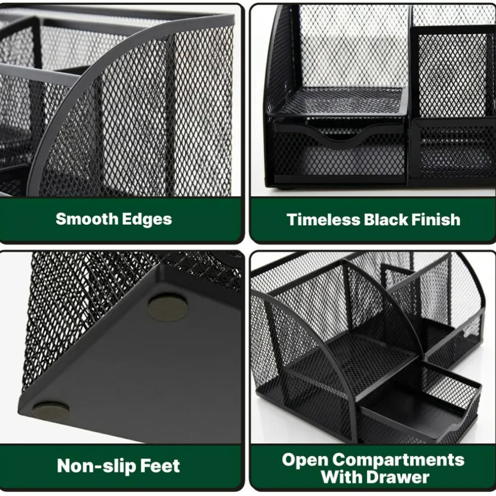 BAZIC Black Wire Mesh Desk Organizer With Drawer for Craft Room and Art Supply Storage