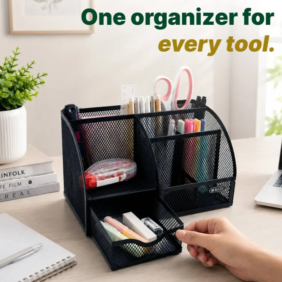 BAZIC Black Wire Mesh Desk Organizer With Drawer for Craft Room and Art Supply Storage