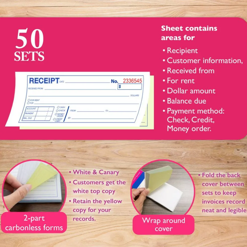 BAZIC Cash/Rent Receipt Book, 50 Sets, 7.5" x 2.75", 2-Part, 24-Pack