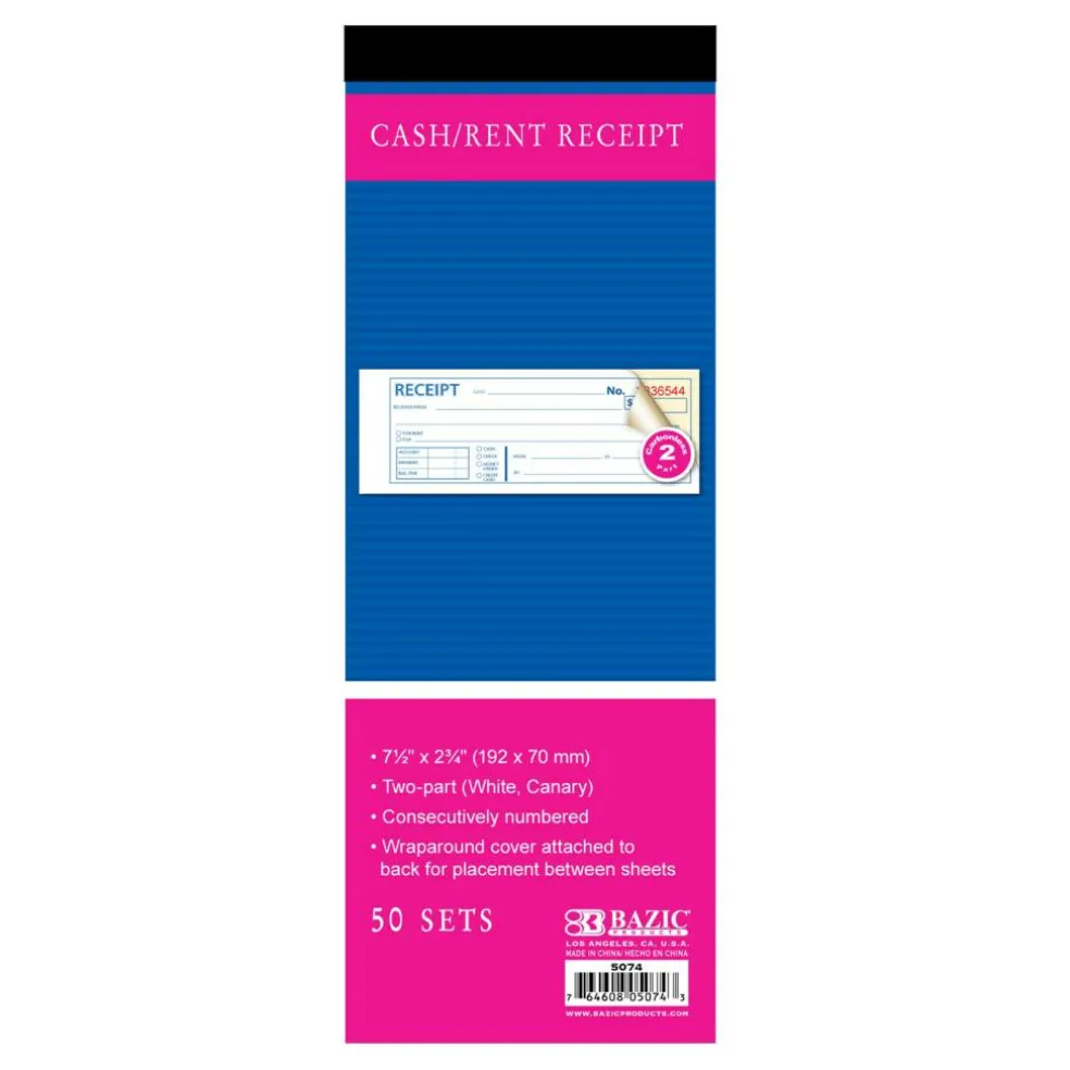 BAZIC Cash/Rent Receipt Book, 50 Sets, 7.5" x 2.75", 2-Part, 24-Pack