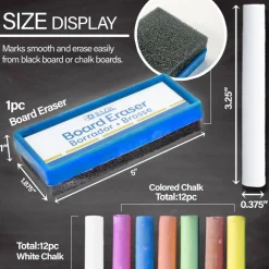BAZIC 12 Color and 12 White Chalk, With Eraser, 24 Sticks, Non-Toxic Chalk, for Sidewalk Art, Chalkboards, Kids Outdoor Play