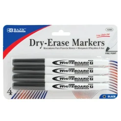 BAZIC Dry-Erase Markers, Fine Point, Black, 4 Count, 24-Pack