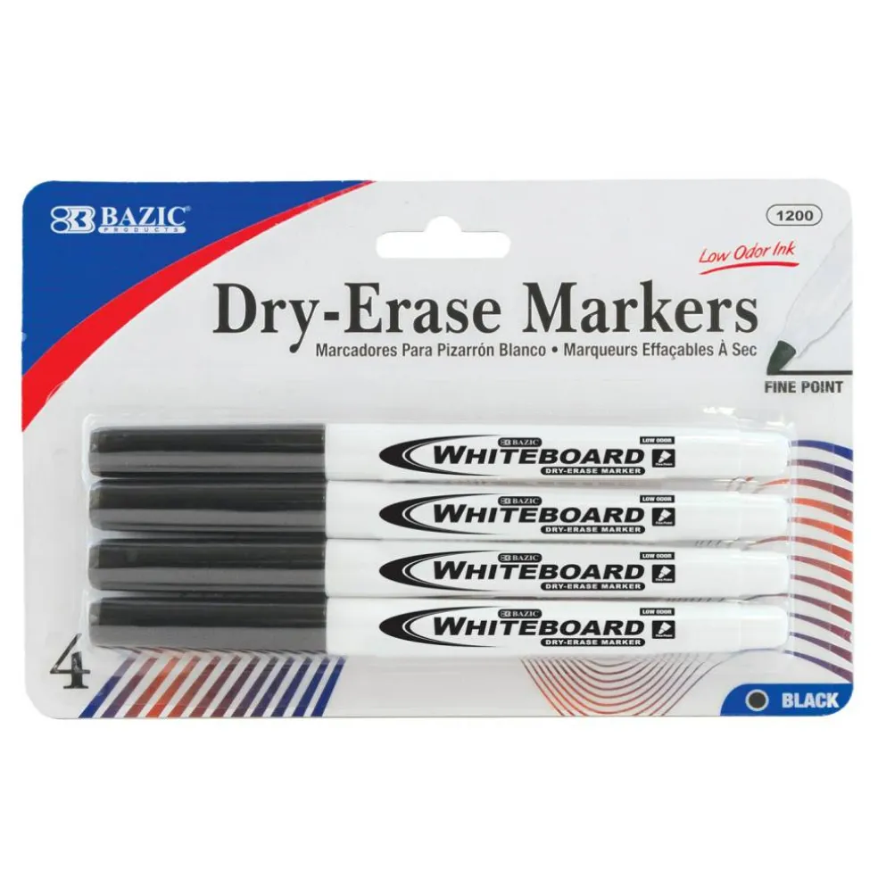 BAZIC Dry-Erase Markers, Fine Point, Black, 4 Count, 24-Pack