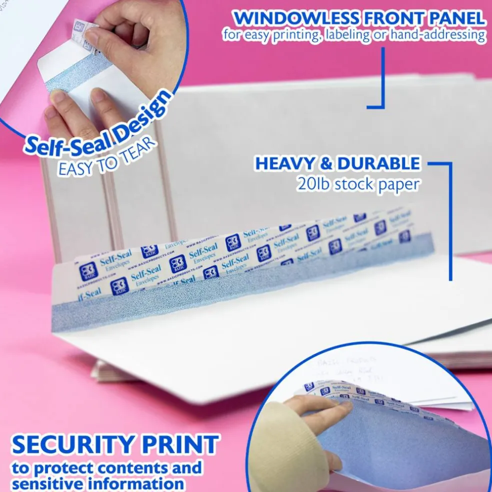 BAZIC #6 3/4 Security White Envelopes, Self-Seal, 30 Count