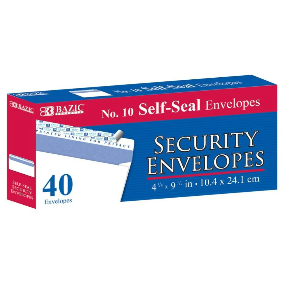 BAZIC #10 Security White Envelopes, Self-Seal, 40 Count