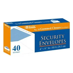 BAZIC #10 Security White Envelopes, Gummed, 40 Count, Security-Tint Paper