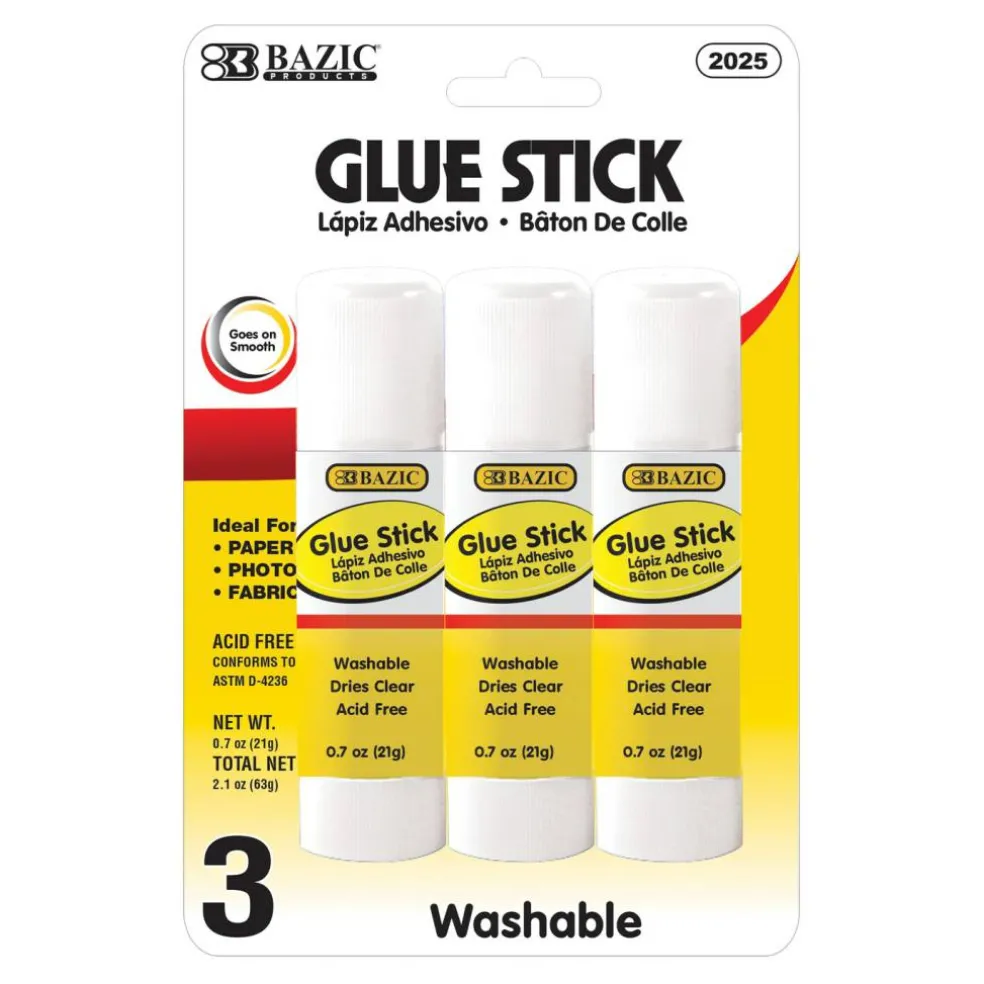 BAZIC Washable Glue Sticks, 0.7 oz, 3 Count, for School Crafts Paper