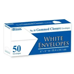 BAZIC #10 White Envelopes, Gummed, 50 Count, Plain-Face Paper