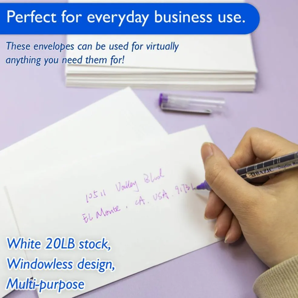 BAZIC #6 3/4 White Envelopes, Gummed, 100 Count, Plain-Face Paper