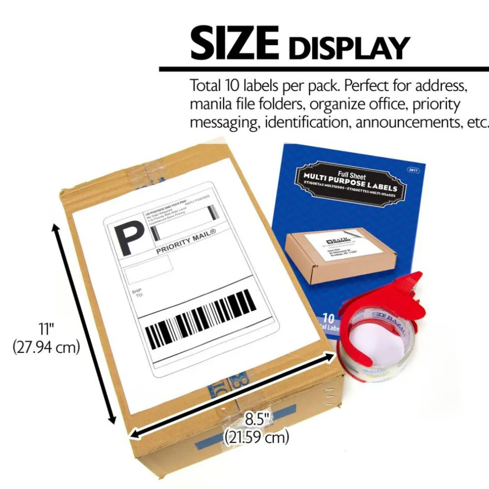 BAZIC 8.5" x 11" Full Sheet Multipurpose Labels, White, 10 Count, 24-Pack