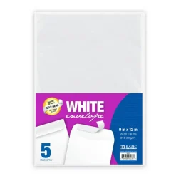 BAZIC 9 x 12 in White Envelopes, Self-Seal, 5 Count, for Mailing Office