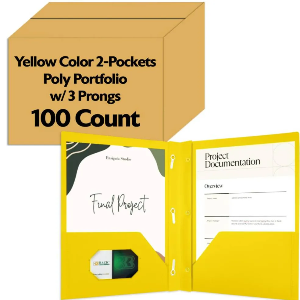 BAZIC Yellow Poly 2-Pocket Folder with 3-Prong Fasteners