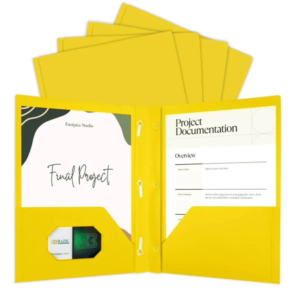 BAZIC Yellow Poly 2-Pocket Folder with 3-Prong Fasteners