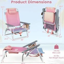 Beach Chairs Set of 2, Portable Folding Backpack Recliners with 5 Position Adjustable Backrest, Padded Headrest, Cup Holder and Cooler Bag