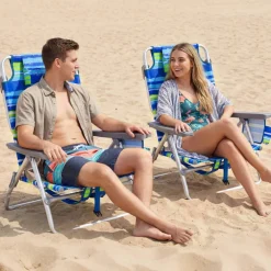 Beach Chairs Set of 2, Portable Folding Backpack Recliners with 5 Position Adjustable Backrest, Padded Headrest, Cup Holder and Cooler Bag