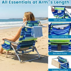 Beach Chairs Set of 2, Portable Folding Backpack Recliners with 5 Position Adjustable Backrest, Padded Headrest, Cup Holder and Cooler Bag