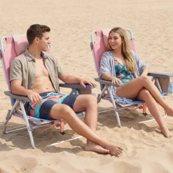 Beach Chairs Set of 2, Portable Folding Backpack Recliners with 5 Position Adjustable Backrest, Padded Headrest, Cup Holder and Cooler Bag