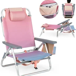 Beach Chairs Set of 2, Portable Folding Backpack Recliners with 5 Position Adjustable Backrest, Padded Headrest, Cup Holder and Cooler Bag