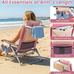 Beach Chairs Set of 2, Portable Folding Backpack Recliners with 5 Position Adjustable Backrest, Padded Headrest, Cup Holder and Cooler Bag