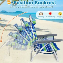 Beach Chairs Set of 2, Portable Folding Backpack Recliners with 5 Position Adjustable Backrest, Padded Headrest, Cup Holder and Cooler Bag