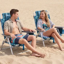 Beach Chairs Set of 2, Portable Folding Backpack Recliners with 5 Position Adjustable Backrest, Padded Headrest, Cup Holder and Cooler Bag