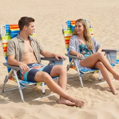 Beach Chairs Set of 2, Portable Folding Backpack Recliners with 5 Position Adjustable Backrest, Padded Headrest, Cup Holder and Cooler Bag