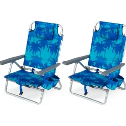 Beach Chairs Set of 2, Portable Folding Backpack Recliners with 5 Position Adjustable Backrest, Padded Headrest, Cup Holder and Cooler Bag