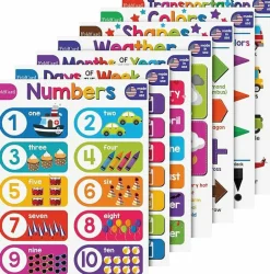 Beginner Bundle 7 Educational Posters for Kids, Preschool Learning Charts Numbers Shapes Colors Weather Days Months Classroom & Homeschool Wall Decor Supplies 8.5x11 Inch