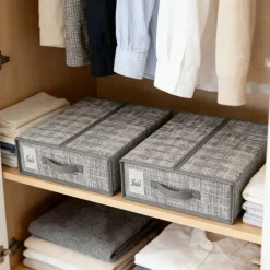 Beige Linen Fabric Storage Boxes, 2-Pack Foldable Closet Organizers