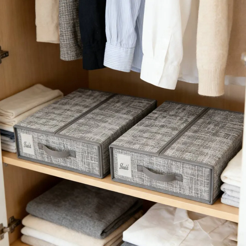Beige Linen Fabric Storage Boxes, 2-Pack Foldable Closet Organizers