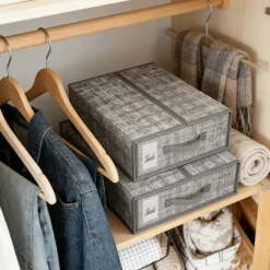 Beige Linen Fabric Storage Boxes, 2-Pack Foldable Closet Organizers