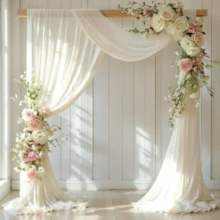 Beige Wedding Arch Draping Fabric – 2 Panels Sheer Chiffon Backdrop Curtains (18FT Total), Elegant Voile Archway Drapes for Ceremony, Reception, Party, and Event Decoration