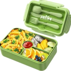 Bento Box Kids Lunch Box - Large Bento-Style Leakproof with 4 Compartments Food Storage Container with Tableware for Kids Back to School, Reusable On-the-Go Meal and Snack Packing, Green