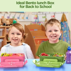 Bento Box Kids Lunch Box - Large Bento-Style Leakproof with 4 Compartments Food Storage Container with Tableware for Kids Back to School, Reusable On-the-Go Meal and Snack Packing, Green