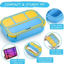Bento Lunch Box for Kids Girls Boys, Toddler Kids Lunch Boxes for School, Lunch Containers for Adults with 4 Compartments, Sauce Container, Utensils, Food Picks and Muffin Cups, Blue