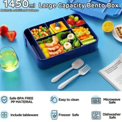Bento Lunch Box for Kids - 1450ml Leakproof Kids Bento Box 6 Compartments Toddler Lunch boxes with Silverware for Back to School, Reusable LunchBox Snack Container for Daycare