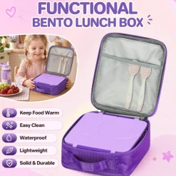 Bento Lunch Box for Kids with 8oz Soup Thermo&Lunch Bag, Leak-Proof Lunch Food Containers with 4 Compartment, Hot Food Insulated Food Jar for Kids School (Purple)