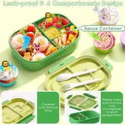 Bento Lunch Box Leakproof 44oz Kids Lunch Box Containers with 4 Compartment, Bento-Style Lunch Bento Box with Cutlery, Reusable Kid Back to School Meal/Snack Packing BPA Free (Green)
