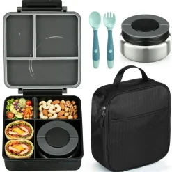 Bento Lunch Box Set for Kids with 8oz Soup Thermo, Leak-Proof Lunch Containers with 4 Compartment, Kids Thermo Hot Food Jar and Insulated Lunch Bag for Kid to School-Black