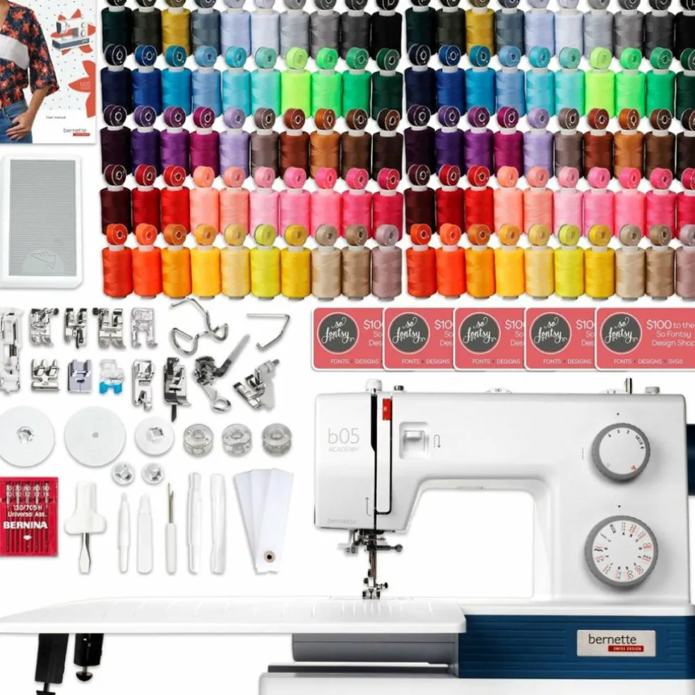 Bernette B05 Academy Sewing Machine with 100 Thread Spools & Matching Bobbins