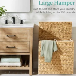 Best Choice Products Large Natural Water Hyacinth Double Laundry Hamper Basket w/ 2 Liner Bags, Handles