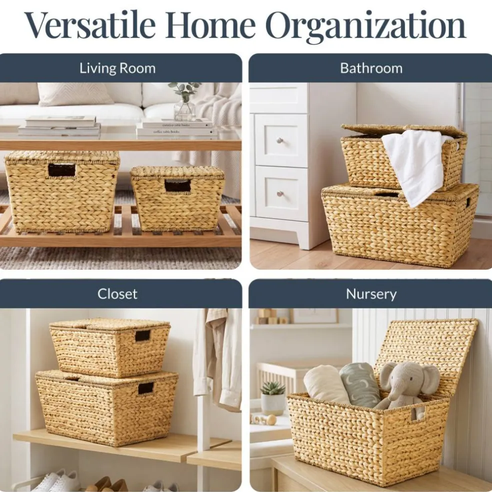 Best Choice Products Set of 2 X-Large & Medium Woven Storage Baskets W/Lids, Hyacinth Nesting Organizer Bins
