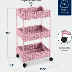 Best Choice Products 3-Tier Water Hyacinth Rolling Utility Cart w/ Weaved Baskets