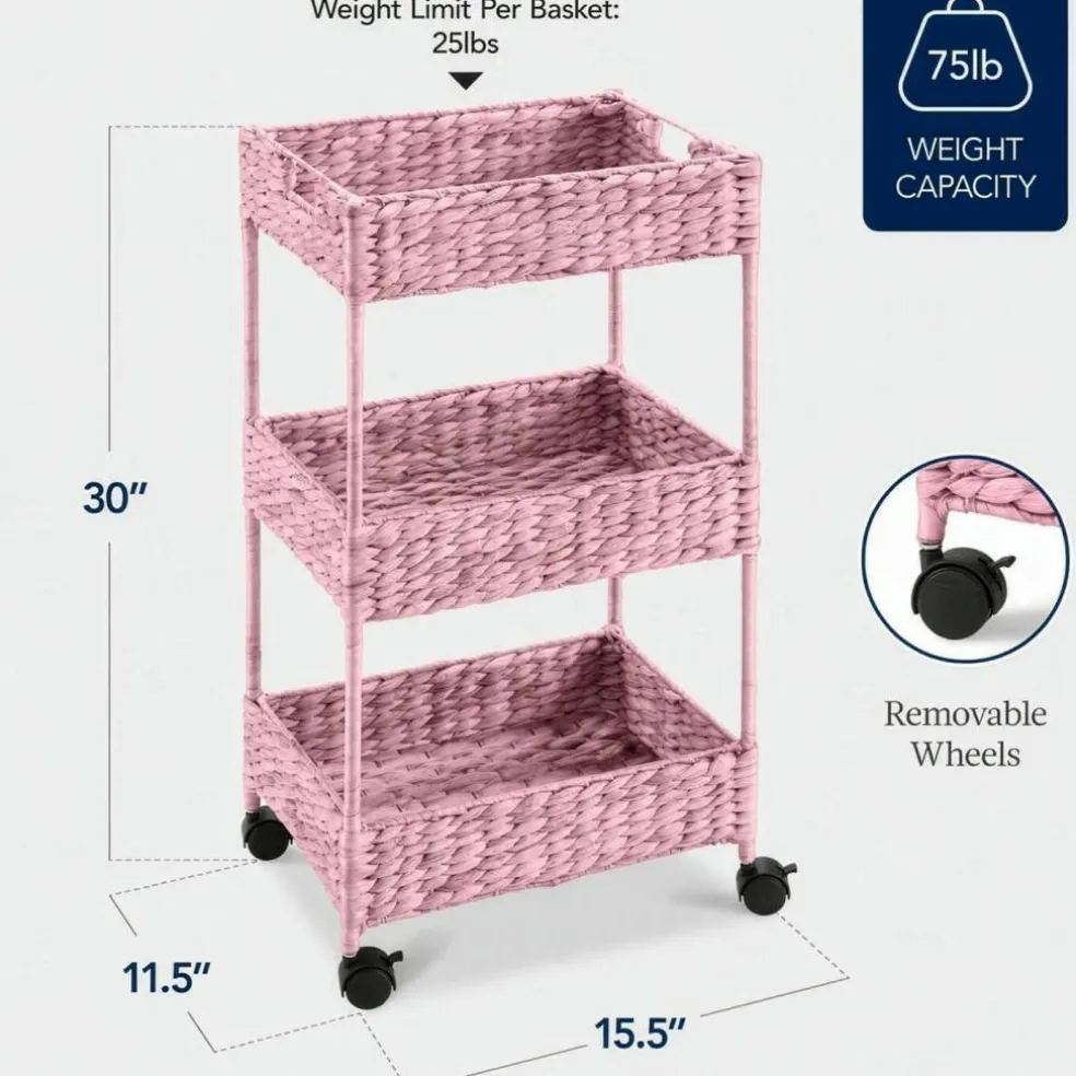 Best Choice Products 3-Tier Water Hyacinth Rolling Utility Cart w/ Weaved Baskets