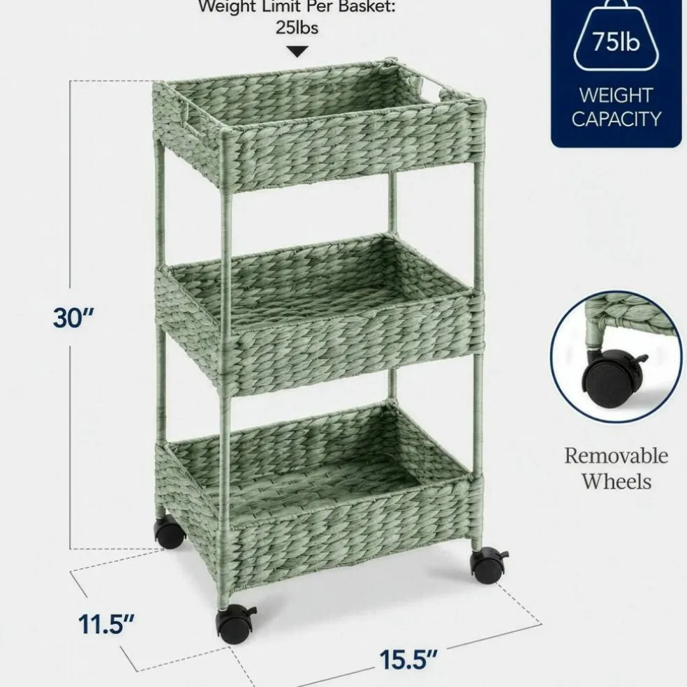 Best Choice Products 3-Tier Water Hyacinth Rolling Utility Cart w/ Weaved Baskets