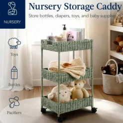 Best Choice Products 3-Tier Water Hyacinth Rolling Utility Cart w/ Weaved Baskets